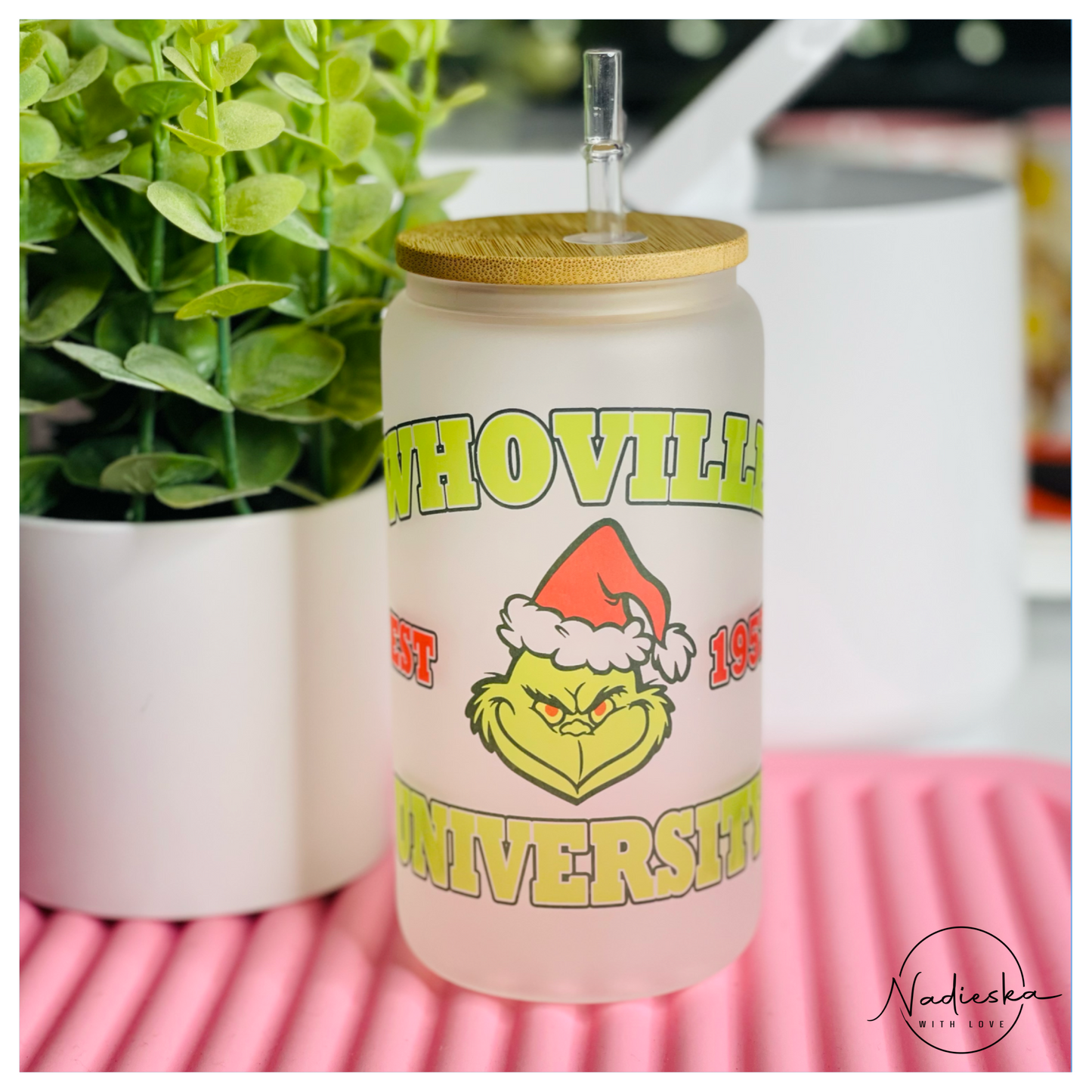 Whoville university frosted can glass