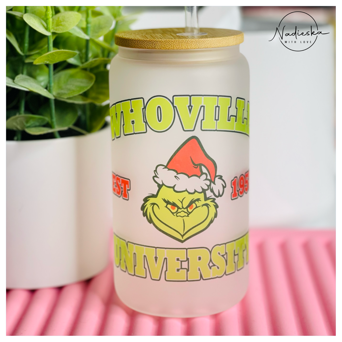 Whoville university frosted can glass